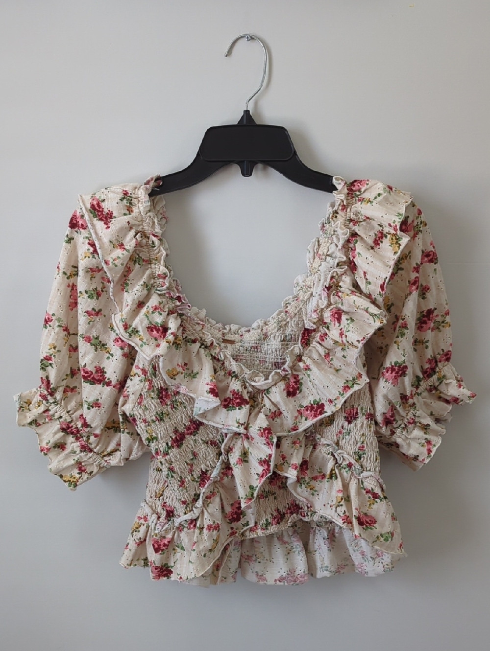 Free People Floral Ruffle Smocked Peasant Top - Cream with Pink Roses